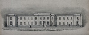 view North London Hospital (renamed University College Hospital): facade. Lithograph, c. 1834.