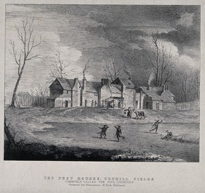 view 'Pest house' (isolation hospital in times of plague), Tothill Fields, Westminster, London. Lithograph, c. 1840.