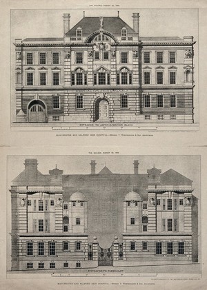 view Manchester & Salford Hospital for Diseases of the Skin: facade. Photolithograph, 1903.