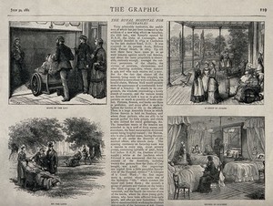 view Four scenes from the Royal Hospital for Incurables at Putney Heath, London. Wood engraving, 1881.