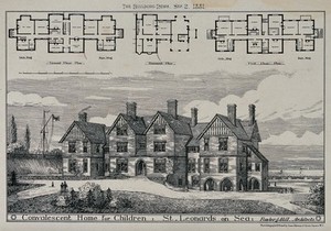 view Convalescent home for children, St. Leonards: perspective view. Wood engraving, 1881.