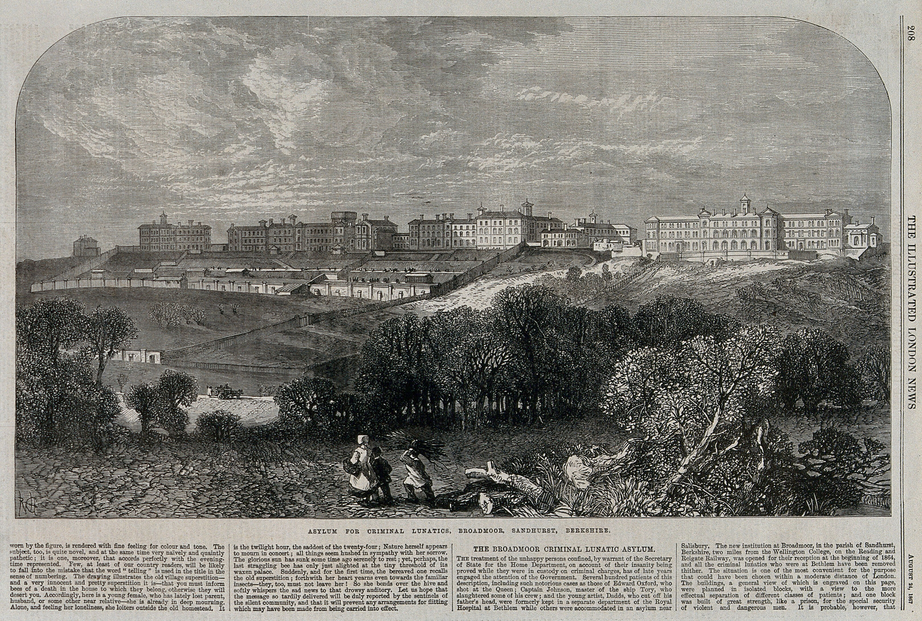 Broadmoor Criminal Lunatic Asylum panoramic view. Wood engraving, 1867