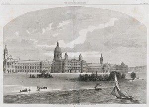 view Victoria military hospital, Netley, Southampton: perspective view. Wood engraving, 1859.