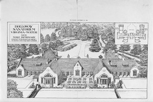 view Holloway Sanatorium, Virginia Water, Surrey: aerial view showing the new male wing. Photolithograph, 1906.