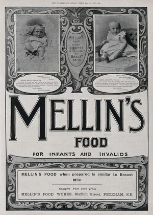 view Two toddlers fed on Mellin's food for infants, with testimonials by their parents advertising Mellin's product. Process print, 25 September 1897.