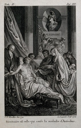 King Seleucus and Queen Stratonice are visiting Antiochus who is reclining on a daybed while his physician Erasistratus is taking his pulse. Engraving by J. de Longueil after C.P. Marillier, 1774.