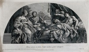 view Antiochus is reclining on a bed while his physician Erasistratus is taking his pulse; King Seleucus and Queen Stratonice are seated at his bedside. Engraving by L. de Visscher after P. Berrettini da Cortona, ca. 1680.