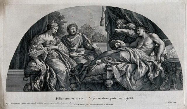Antiochus is reclining on a bed while his physician Erasistratus is taking his pulse; King Seleucus and Queen Stratonice are seated at his bedside. Engraving by L. de Visscher after P. Berrettini da Cortona, ca. 1680.