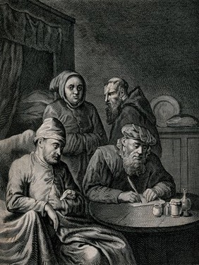 A sick man is seated in an armchair and a doctor is writing his prescription; two monks in the background. Engraving after E. van Heemskerck, 17--.