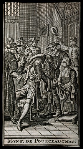 A man (Mr. de Pourceaugnac?) is seated in a chair, surrounded by doctors holding various medical instruments. Engraving by Pierre Brissart, 1682.