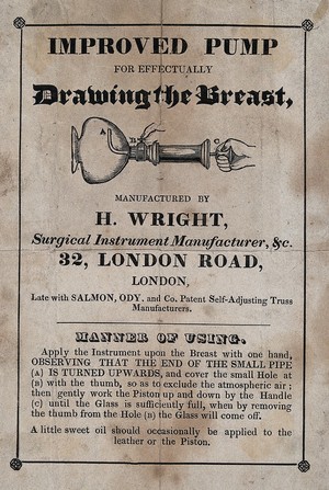 view A breast pump manufactured by H. Wright. Wood engraving and letterpress, 18--.