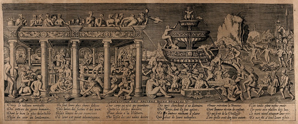Men and women bathing in the fountain of youth, next to a bathhouse with a roof terrace where people disport themselves. Engraving, 16--, after S. Beham.