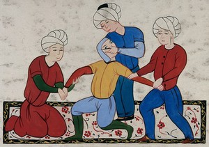 view A Persian surgeon performing an eye operation on a man held by two other men. Painting, ca. 1900.