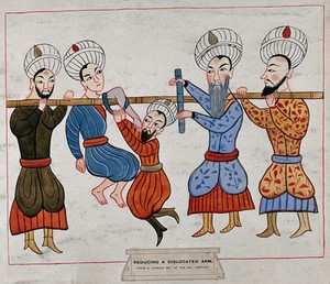 view Four Turkish men are reducing a man's dislocated shoulder. Painting, ca. 1900.