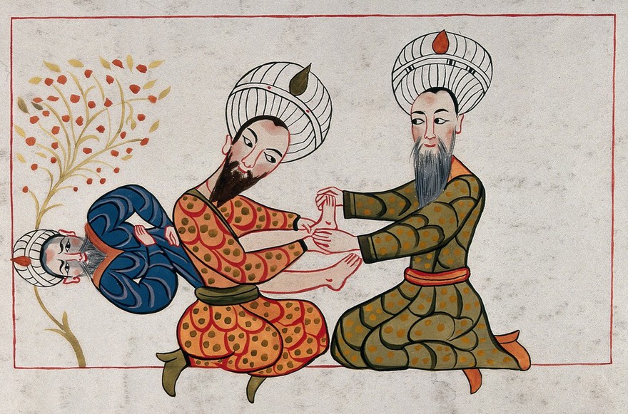 Two Turkish men are reducing a man's dislocated ankle. Painting, ca. 1900.