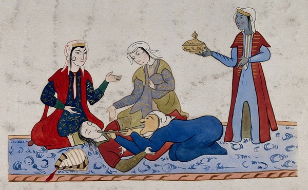 A Persian healer is administering nasal medication to a man lying on the floor; three men in the background. Painting, ca. 1900.