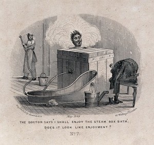 view A man visiting a health resort is sitting in a steam box. Engraving, May 1869.