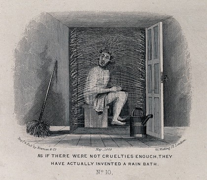 A man visiting a health resort is seated in a cubicle and is being sprayed with water coming from the walls. Etching, May 1869.