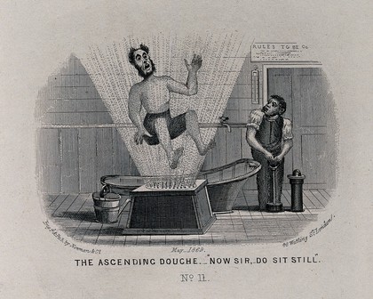 A man visiting a health resort is being sprayed with water coming from a stool on which he is trying to sit. Etching, 1869.