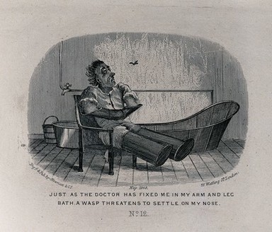 A man visiting a health resort with his limbs immobilized is watching a wasp flying near him; bath tub in the background. Etching, 1869.