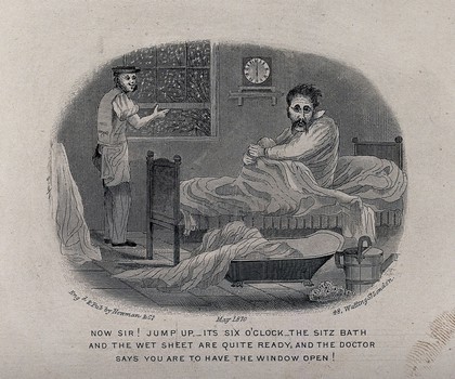 A man visiting a health resort is being woken up by a man who is opening a window; bath tub in the foreground, snow outside. Etching, May 1870.