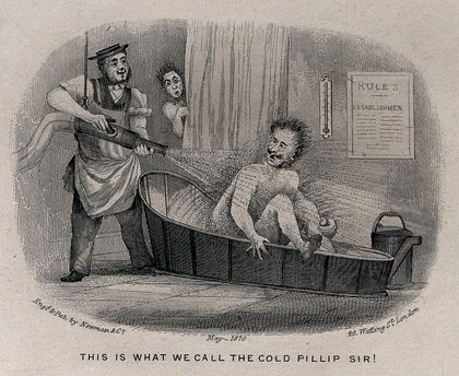 A man visiting a health resort is seated in a bath tub and being sprayed with water; in the background, a man is looking at the scene behind a curtain. Etching, May 1870.