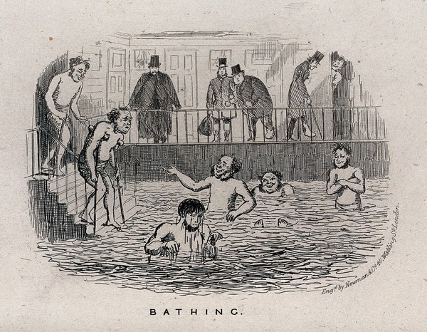 A man with crutches is going down the steps of a swimming pool; men wearing top hats in the background. Etching, ca. 1870.
