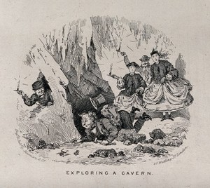 view A geologist in a cave trips over a stone; two women and a man holding a candle in the background. Etching, ca. 1870.