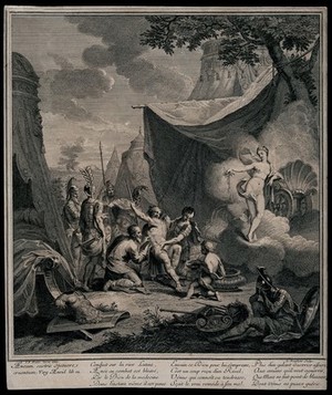 view Venus appears to Aeneas while he is being treated after being wounded in battle. Engraving by L. Desplaces after J.B. Nattier, 17--.