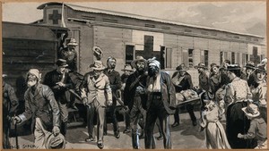 view Boer War: wounded Boers are getting off a train, and one is being carried on a stretcher. Watercolour by G. Soper, ca. 1900.