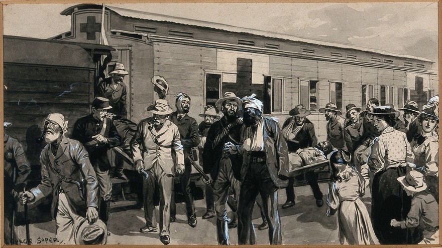 Boer War: wounded Boers are getting off a train, and one is being carried on a stretcher. Watercolour by G. Soper, ca. 1900.
