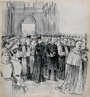 view King Edward VII and Queen Alexandra passing though the lines of nurses in St. Paul's Cathedral in June 1903. Ink drawing by A. Kemp Tebby after D. Macpherson, 1903.