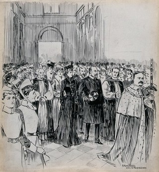 King Edward VII and Queen Alexandra passing though the lines of nurses in St. Paul's Cathedral in June 1903. Ink drawing by A. Kemp Tebby after D. Macpherson, 1903.