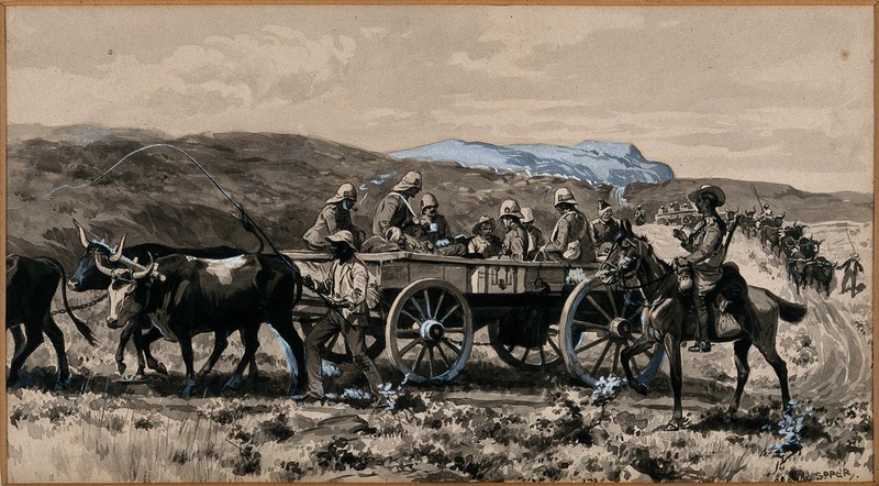 Boer War: wounded men transported in an ambulance cart drawn by oxen. Watercolour by G. Soper, 1900., 1900, by George Soper