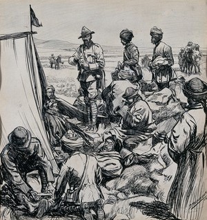 view British medical officers attending wounded Tibetans after a fight. Ink drawing by D. Macpherson, 1904.