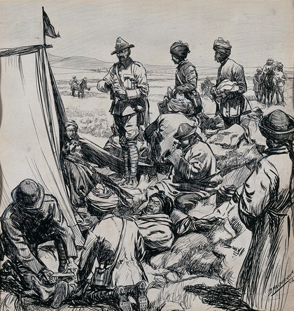 British medical officers attending wounded Tibetans after a fight. Ink drawing by D. Macpherson, 1904.