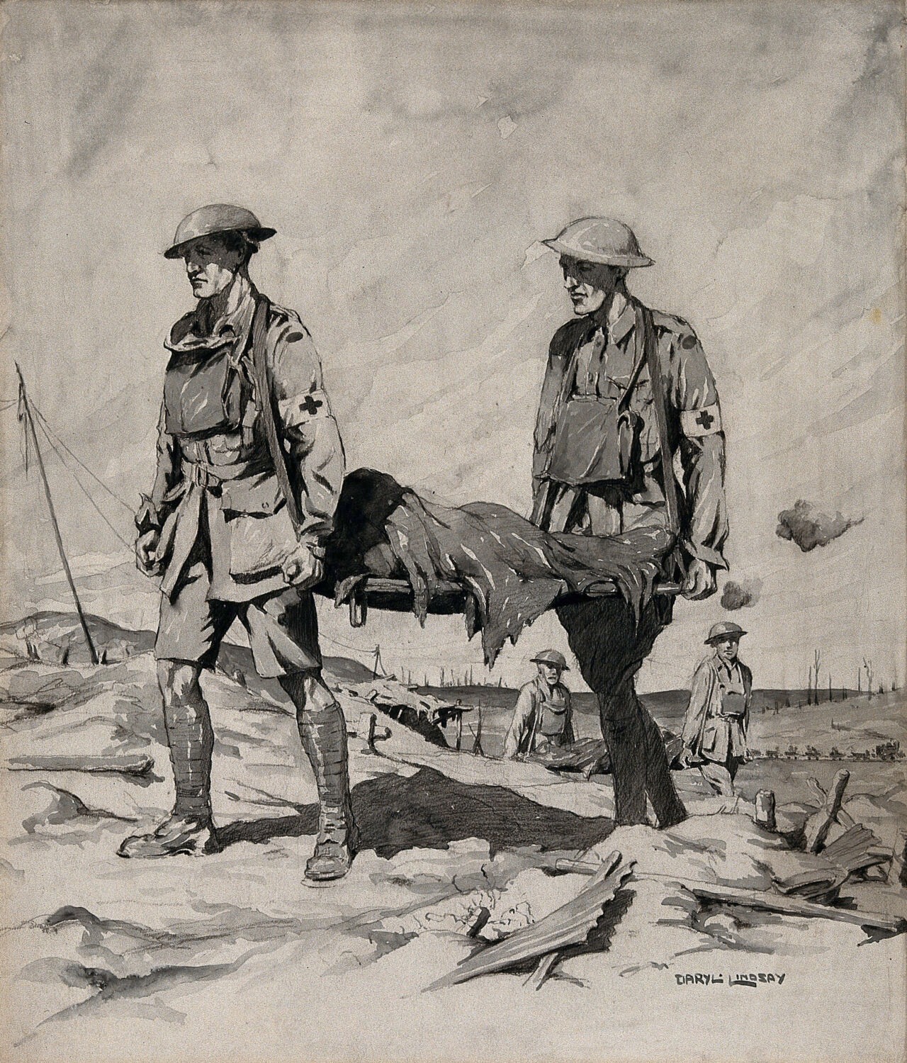 World War I: two men carrying a stretcher among the trenches in France. Wash drawing by D. Lindsay, ca. 191-., 1910-1919, by Daryl Lindsay