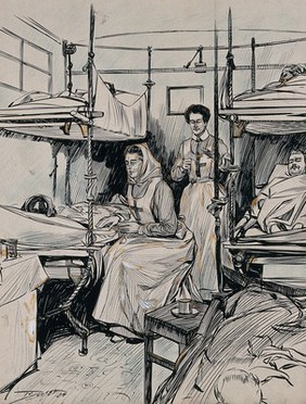 Two nurses with patients lying in bunk beds, on a Russian ambulance train. Ink drawing attributed to D. Macpherson, 1904.