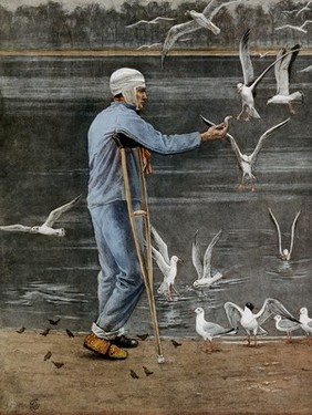 The blue badge of courage: a soldier wounded in World War I holding crutches with a bandage over his head is feeding sea-gulls by a lake. Colour process print after E. Canziani, ca. 1917.