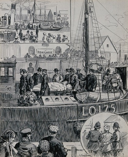 Russo-Japanese war: the hospital ship Joseph & Sarah Miles arrives in Hull (?) bringing the bodies of British trawlermen injured or killed by Russian warships in the Dogger Bank Incident. Ink drawing by A. Kemp Tebby, 1904.