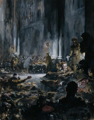 World War One: a church transformed into a military hospital. Gouache painting by G. Holiday, 1915.