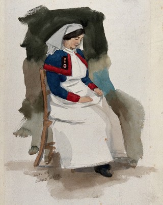 World War One: superintending Sister Quarns is seated in a chair at the Royal Hospital Haslar. Watercolour by O. Moser, 1919.