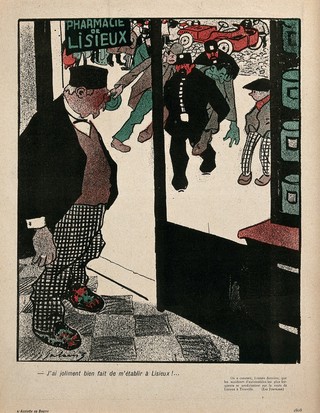 An apothecary is standing by the door of his shop and is watching two policemen bring him a man injured in a road accident. Colour lithograph after D.E. Galanis, 1903.