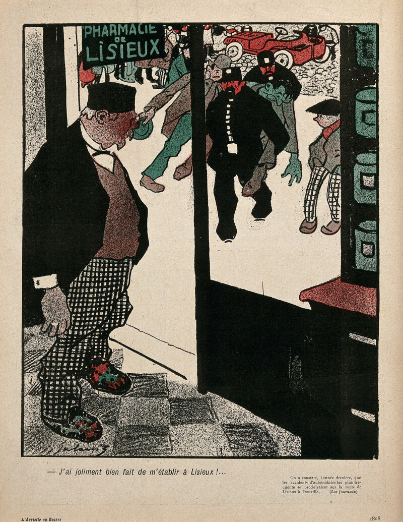 An apothecary is standing by the door of his shop and is watching two policemen bring him a man injured in a road accident. Colour lithograph after D.E. Galanis, 1903., 1903, by Demetrios Galanis