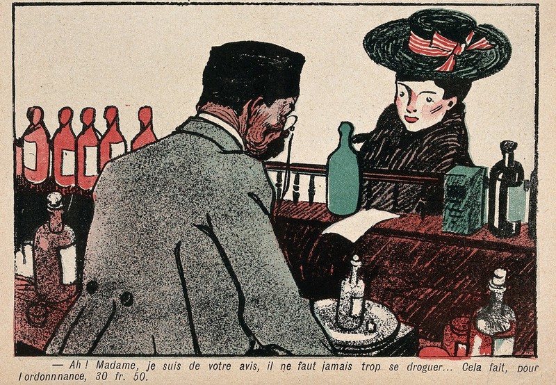 An apothecary standing behind a counter is presenting a young woman with a high bill and is telling her that he agrees with her that one should not use to many drugs. Colour lithograph after D.E. Galanis, 1903., 1903, by Demetrios Galanis