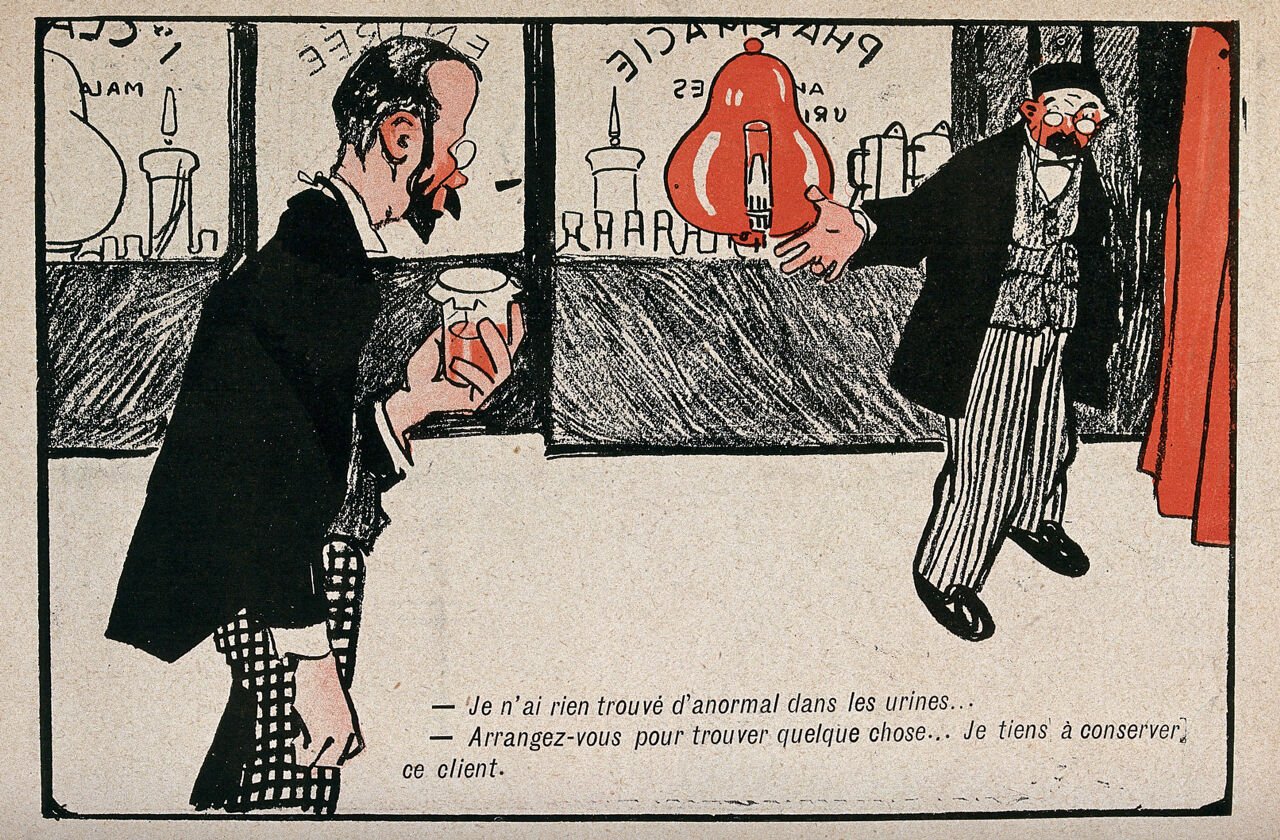 An apothecary who does not want to lose one of his clients is telling his assistant to find something wrong with his urine sample. Colour lithograph after D.E. Galanis, 1903., 1903, by Demetrios Galanis