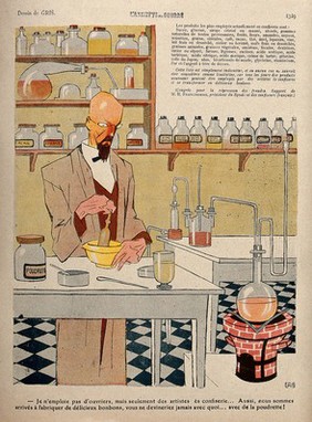 A chemist making confectionery in a laboratory; various bottles of acid in the background. Colour lithograph after Gris, 23 October 1909.