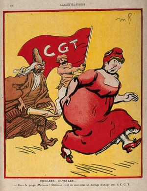 view Marianne wearing a Phrygian hat is being chased by a doctor holding an enema and a trade-unionist holding a flag. Colour lithograph by M.R., 25 June 1910.