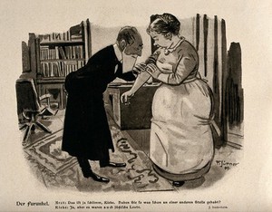 view A physician is examining a boil on a woman servant's arm, and asks if she has had boils in any other places: she replies that she has, but that there were also Jewish people there. Lithograph after F. Jüttner, 1909.