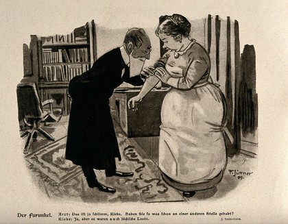 A physician is examining a boil on a woman servant's arm, and asks if she has had boils in any other places: she replies that she has, but that there were also Jewish people there. Lithograph after F. Jüttner, 1909.